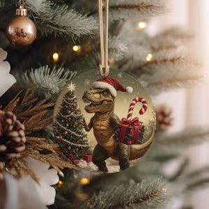 Christmas T-Rex Ceramic Ornament: Santa Hat Dinosaur Holiday Decor