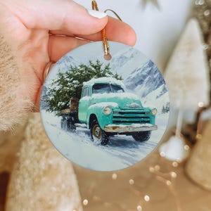 Vintage Red Truck Christmas Tree Ceramic Ornament – Snowy Holiday Decor, Farmhouse Rustic Winter Decoration