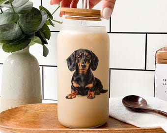 Dachshund Dog Glass Tumbler: Colorful Wiener Dog Art, Bamboo Lid