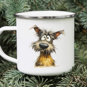 Cartoon Cairn Terrier Enamel Camping Mug – Watercolor Impasto Dog Art Tin Cup, Rustic Travel Coffee Mug, Pet Lover Gift