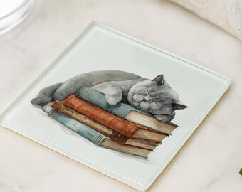 British Shorthair Cat Glass Coaster – Sleeping Kitty Book Lover Gift