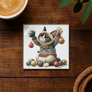 May include: Square coaster featuring a grumpy cat wearing a Christmas sweater and holding ornaments. The cat is surrounded by colorful ornaments. The coaster is on a wooden surface.