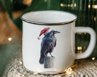 Desert Raven Santa Hat Enamel Camping Mug: Holiday Bird Art