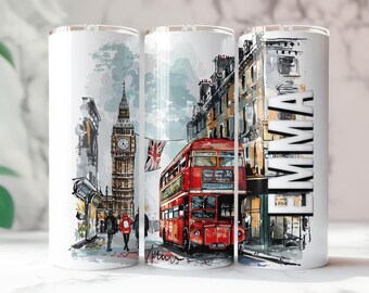 Personalized Metal Tumbler: London Big Ben - Double Decker Bus