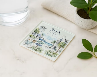 30A Florida Coastal Glass Coaster, Scenic Beach Town Souvenir, Gulf Coast Decor