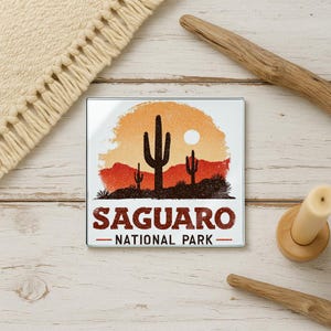 Saguaro National Park Sunset Glass Coaster – Desert Cactus Silhouette Decor, Southwestern Nature Gift, Arizona Home Accent