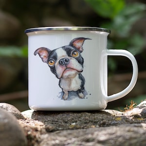 Boston Terrier Camping Mug – Watercolor Impasto Enamel Tin Cup, Cartoon Dog Art Gift, Rustic Campfire Coffee Mug
