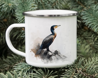 Double-Crested Cormorant Enamel Camping Mug, Coastal Seabird Nature Drinkware