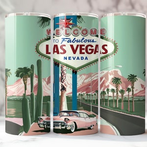 Las Vegas Tumbler: Retro Cadillac, Cacti, Mountains - 20oz Insulated