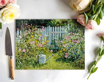 Cottage Garden Wildflower Glass Cutting Board – Vintage Picket Fence & Watering Can Rustic Kitchen Decor