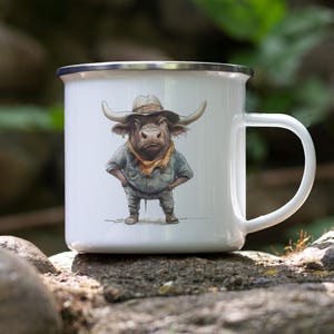 Cute Happy Cowboy Bull Watercolor Enamel Camping Mug – Western Tin Cup for Coffee, Outdoors, Rustic Gift