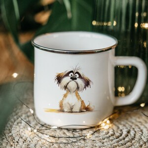 Cartoon Shih Tzu Enamel Camping Mug – Watercolor Impasto Dog Art Tin Cup, Pet Lover Gift, Rustic Travel Drinkware