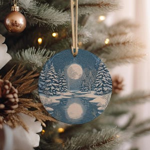 Ceramic Ornament, Frozen Forest Pond, Moonlight Reflection, Snowy Trees, Winter Night Scene