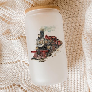 Watercolor Train Glass Tumbler: Vintage Locomotive with Bamboo Lid