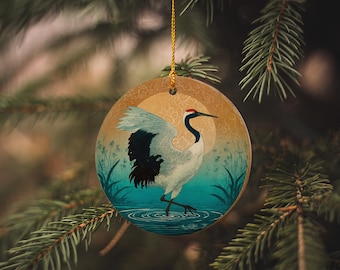 Crane Dancing Ceramic Ornament: Elegant Bird Christmas Tree Keepsake