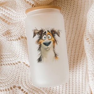 Australian Shepherd Glass Tumbler – Watercolor Cartoon Dog Art, Impasto Style, Cute Aussie Gift, Hand-Painted Dog Lover Cup