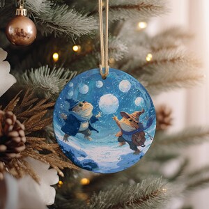Toad Snowball Fight Ornament: Playful Witch Ceramic Yule Gift