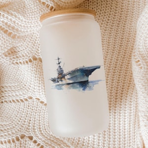 Navy Aircraft Carrier Glass Tumbler: Etched Military Ship Cup