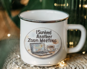 Funny "I Survived Zoom" Enamel Mug: Work From Home Gift