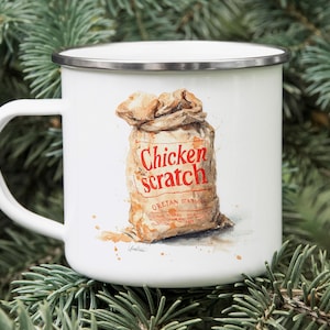 Chicken Scratch Feed Sack Painting Tin Mug – Vintage Enamel Camping Mug, Rustic Farmhouse Coffee Cup, Country Kitchen Gift