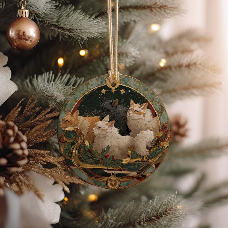 A Christmas tree decorated with ornaments, including a circular ornament featuring three cats on a sleigh.