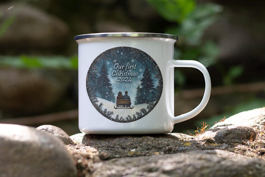 First Christmas Tin Mug, Enamel Camping Mug, Couple Sled Design, Snowy