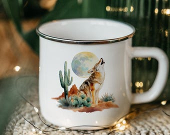 Coyote Howling at Moon Enamel Camping Mug: Rustic Western Nature Gift