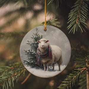 Woolly Sheep Ceramic Ornament with Plaid Scarf – Snowy Pine Tree Winter Farmhouse Christmas Decoration