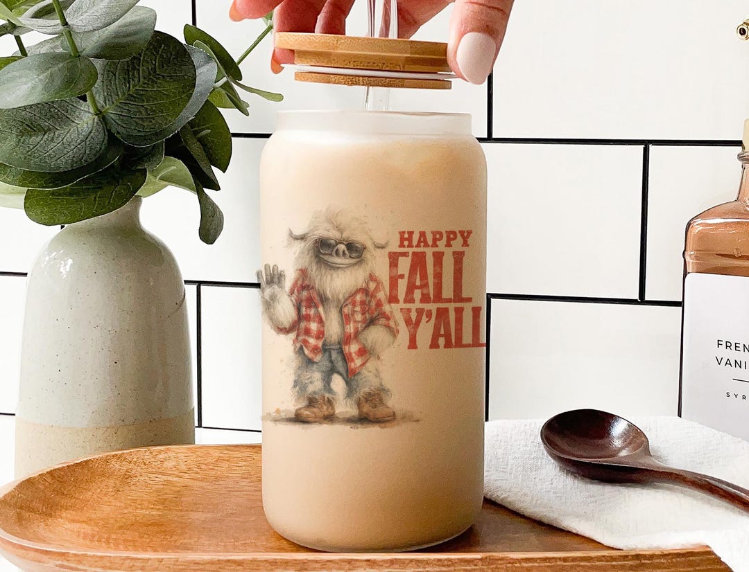 Fall Yeti Glass Tumbler: Bigfoot Iced Coffee Cup With Bamboo Lid - Etsy