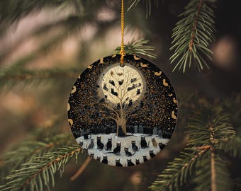 Black Cat Winter Solstice Ornament: Ceramic Moonlit Yule Décor