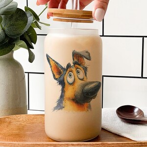 Cartoon German Shepherd Glass Tumbler – Watercolor Impasto Dog Art Cup, Hand-Painted Pet Lover Gift, Animal Drinkware