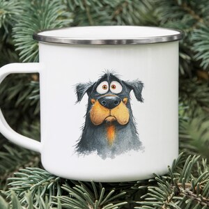 Cartoon Rottweiler Enamel Camping Mug – Watercolor Impasto Dog Art Tin Cup, Rustic Gift for Dog Lovers, Outdoor Coffee Mug