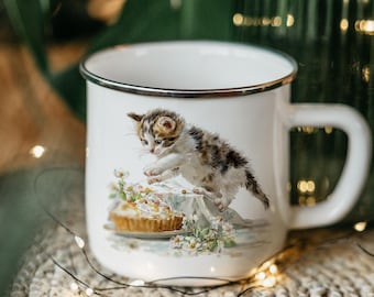 Kitten & Pie Enamel Camping Mug – Rustic Cat Lover Gift