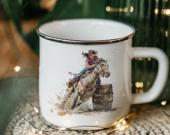 Cowgirl Barrel Racing Enamel Camping Mug: Western Rodeo Gift