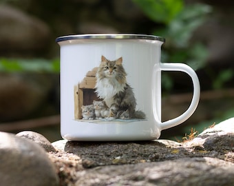 Barn Cat & Kittens Enamel Camping Mug: Rustic Farmhouse Art