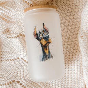 Cartoon Doberman Pinscher Glass Tumbler – Watercolor Impasto Art Dog Cup, Hand-Painted Pet Lover Gift, Animal Drinkware