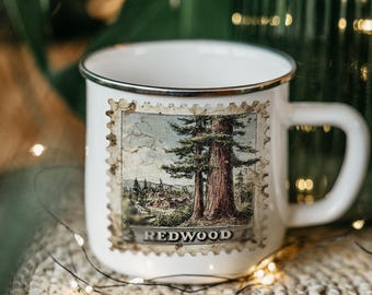 Redwood National Park Enamel Camping Mug: Antique Stamp Illustration