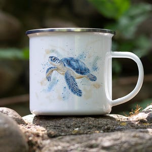 Cute Blue Sea Turtle Tin Mug – Hand-Drawn Pastel Watercolor Enamel Camping Cup, Ocean Animal Gift for Nature Lovers