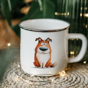 Cartoon Akita Dog Enamel Camping Mug – Watercolor Impasto Art Tin Cup, Cute Dog Lover Gift, Outdoor Coffee Mug