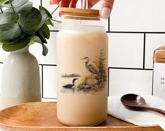 Heron & Loon Glass Tumbler, Nature-Themed Drinkware, Bird Lover Gift