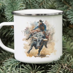 Rodeo Cowboy Bull Riding Tin Mug – Western Enamel Camping Cup, Country Ranch Gift for Him, Rustic Outdoor Drinkware