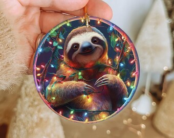 Sloth Christmas Ornament – Ceramic Holiday Tree Decoration with Lights