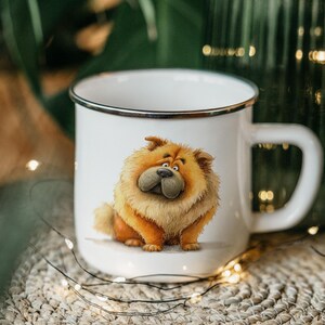 Cartoon Chow Chow Dog Enamel Camping Mug – Watercolor Impasto Art Tin Cup, Cute Gift for Dog Lovers, Outdoor Coffee Mug