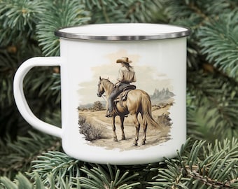 Vintage Cowgirl Enamel Camping Mug: Retro Western Rodeo Art