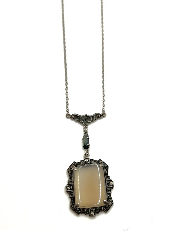 Antique Art Deco Chalcedony Sterling Marcasite Ne… - image 2