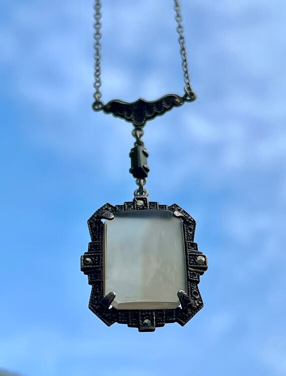 Antique Art Deco Chalcedony Sterling Marcasite Ne… - image 3