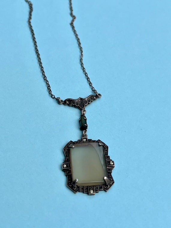 Antique Art Deco Chalcedony Sterling Marcasite Ne… - image 4