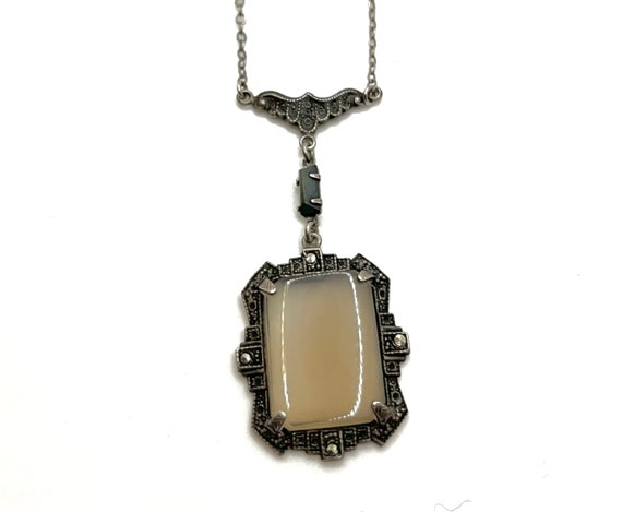 Antique Art Deco Chalcedony Sterling Marcasite Ne… - image 1