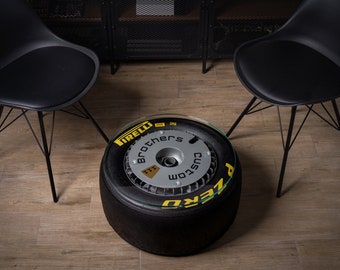 Coffee table with rims, slick tires, nascar, drag race, Formula 1, turbofans