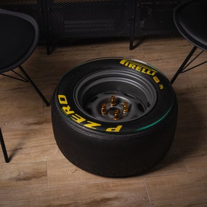 Coffee table with rims, slick tires, nascar, drag race, Formula 1